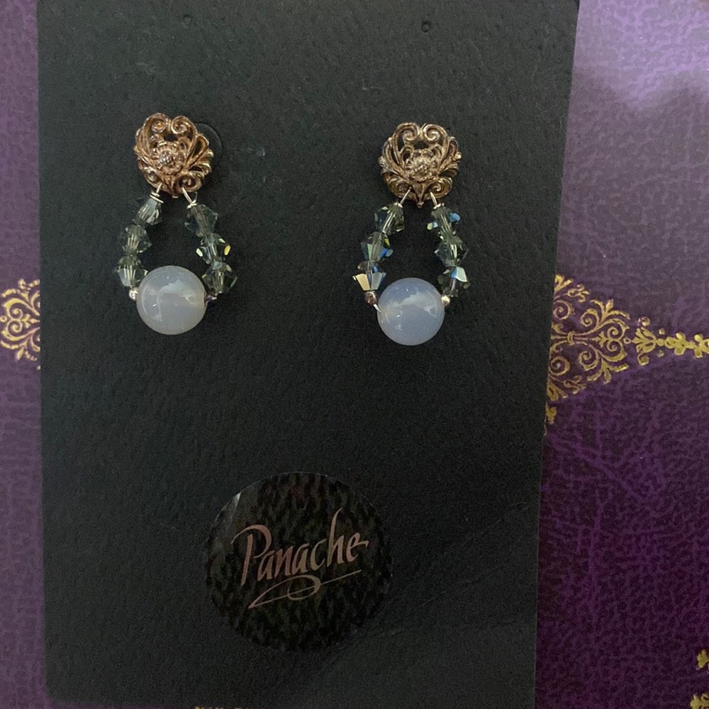 Light Blue chalcedony with Swarovski crystals and straddling base earrings